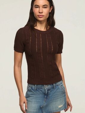 Lucky Brand Brown Knit Openwork Short Sleeve Top